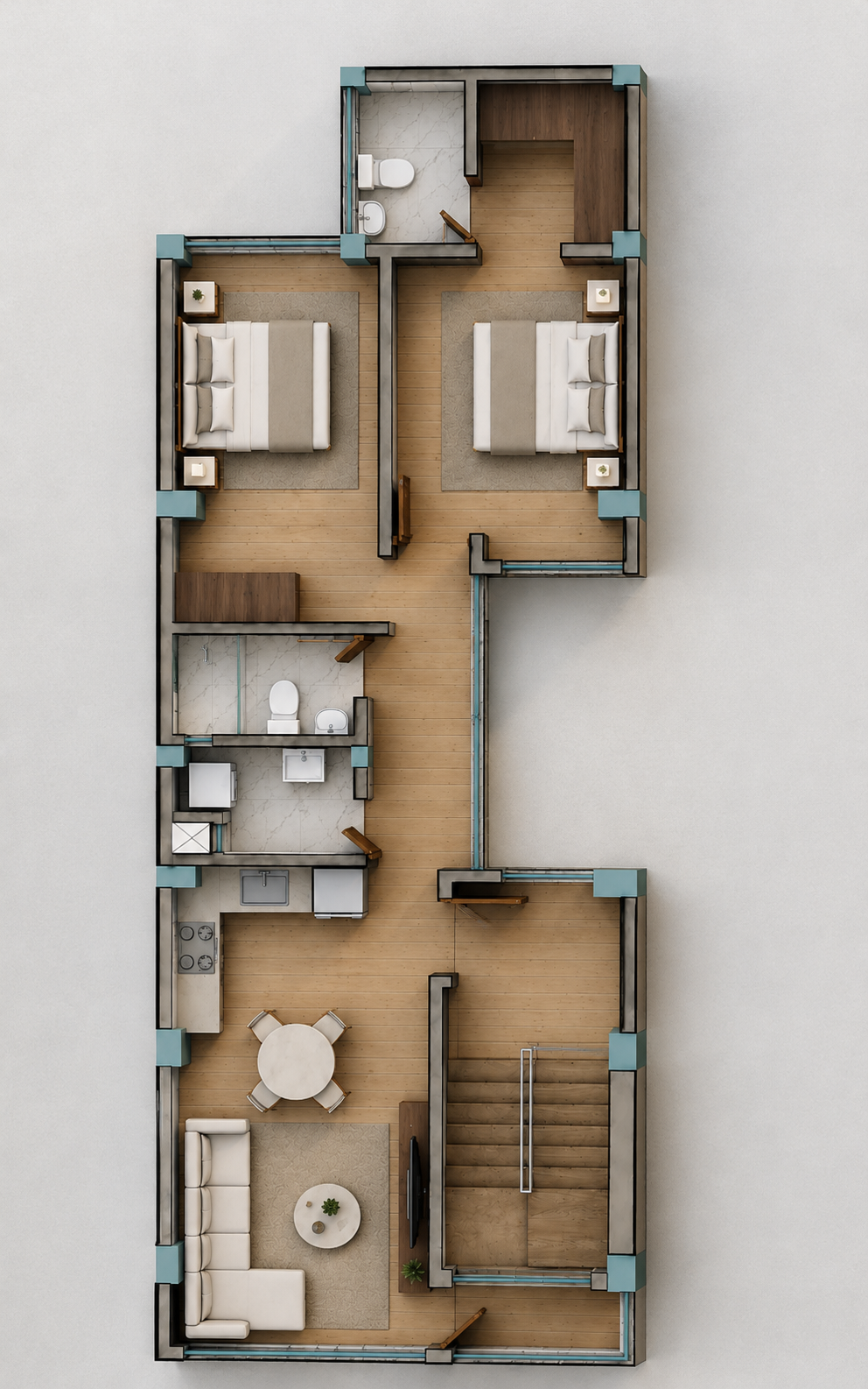 Plano 3D actualizado del departamento del tercer piso