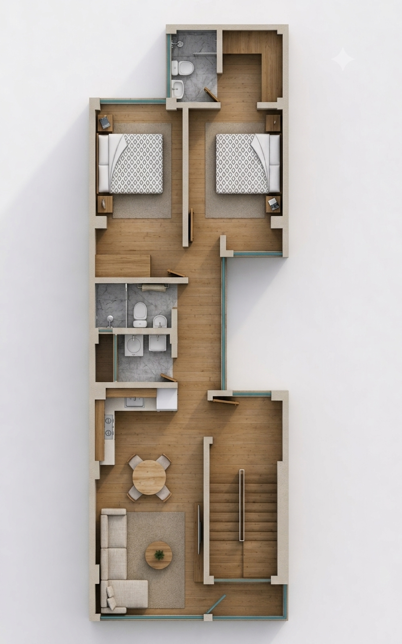 Plano 3D actualizado de los departamentos del cuarto y quinto piso
